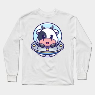 Cute cow flying with spaceship ufo cartoon Long Sleeve T-Shirt